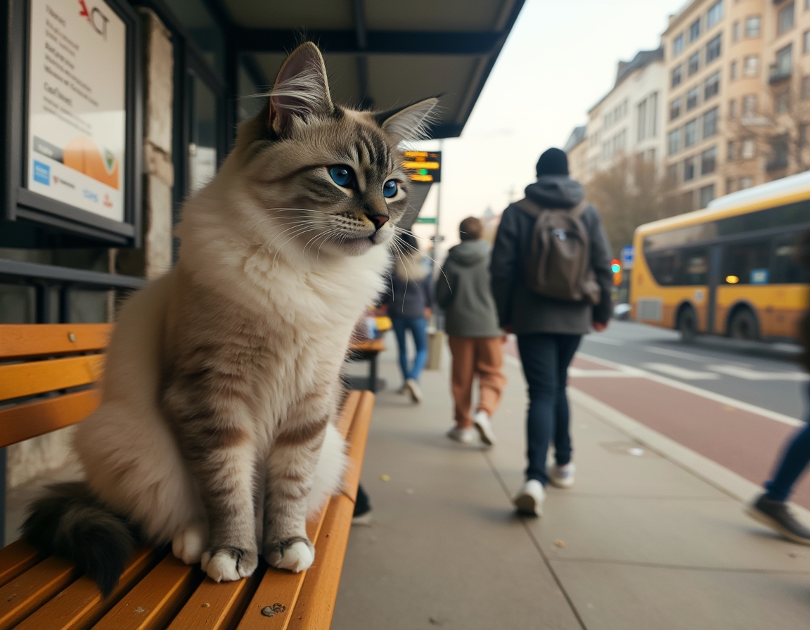 Cat observes the activity of a city bus stop, soaking in the energy of urban life.